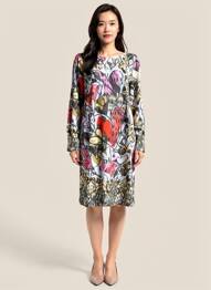 Robe mi-longue imprimé fleurs manches longues noir DOLCEZZA femme