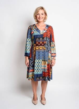 Robe mi-longue imprimé fantaisie manches longues bleu GEVANA femme