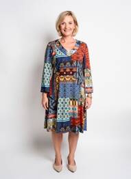 Robe mi-longue imprimé fantaisie manches longues bleu GEVANA femme