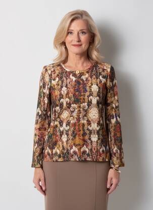 T-shirt imprimé fantaisie manches longues marron GEVANA femme