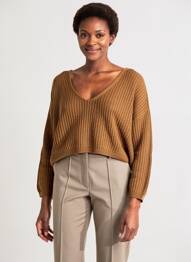 Pull maille ajourée manches longues marron PORTOFINO femme