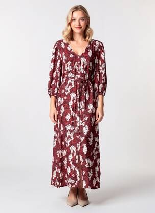 Robe longue tissage popeline manches 3/4 rouge GRACE & MILA femme