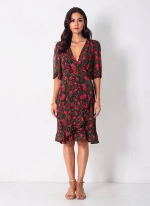 Robe mi-longue imprimé fantaisie manches courtes rouge LA PETITE ETOILE femme