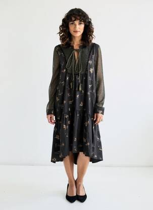 Robe mi-longue imprimé fantaisie manches longues noir MEISÏE femme
