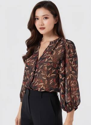 Chemisier imprimé fleurs manches 3/4 noir GRACE & MILA femme