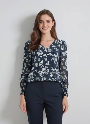 Blouse tissage popeline manches longues bleu KAFFE femme