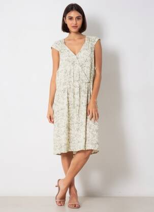 Robe mi-longue imprimé fleurs sans manche vert ICHI femme