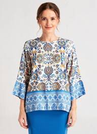 Blouse tissage popeline manches courtes bleu COULEURS DU TEMPS femme