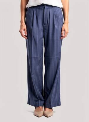 Pantalon large fermeture zippée sous rabat boutonné taille haute bleu ICHI femme