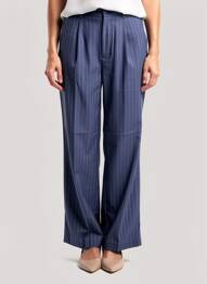 Pantalon large fermeture zippée sous rabat boutonné taille haute bleu ICHI femme