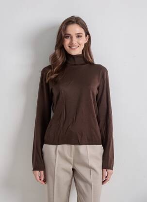 Pull col roulé coupe ajustée manches longues marron ICHI femme