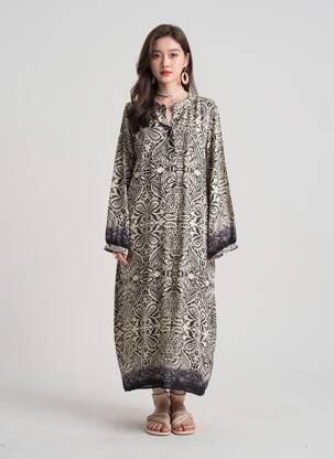 Robe longue imprimé fantaisie manches longues noir PAPILLONNE femme