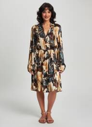Robe mi-longue imprimé fantaisie manches longues marron LUMA femme