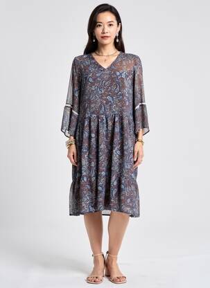 Robe mi-longue imprimé fantaisie manches longues bleu MERI & ESCA femme