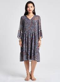 Robe mi-longue imprimé fantaisie manches longues bleu MERI & ESCA femme