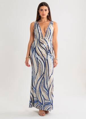 Robe longue imprimé fantaisie sans manche bleu 1992 femme