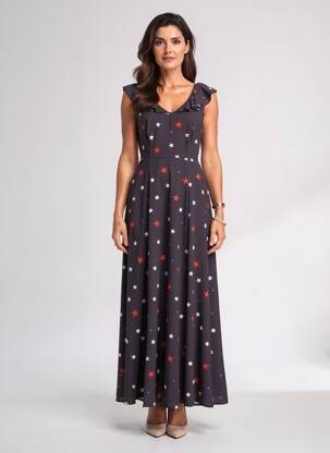 Robe longue imprimé fantaisie manches courtes noir LONDON LOOK femme