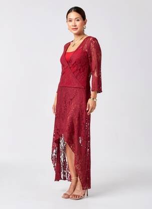 Robe longue coupe cintrée manches 3/4 rouge LONDON LOOK femme