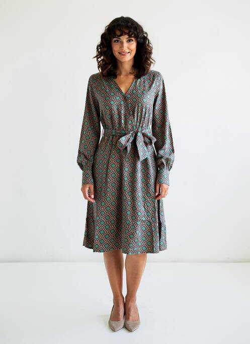 Robe mi-longue imprimé fantaisie manches longues vert ZIBI LONDON femme