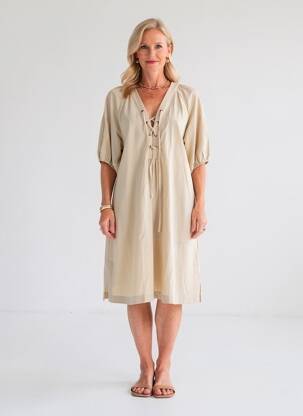 Robe mi-longue manches courtes manches courtes beige YEST femme