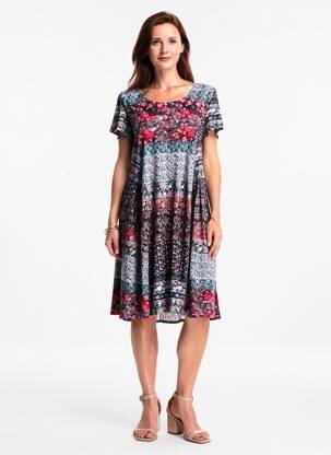 Robe mi-longue imprimé fantaisie manches courtes noir GEVANA femme