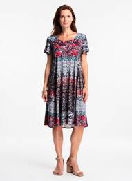 Robe mi-longue imprimé fantaisie manches courtes noir GEVANA femme