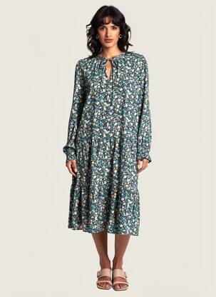 Robe mi-longue coupe fluide manches longues noir OUI femme