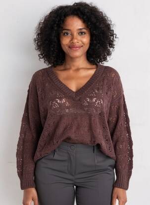 Pull maille ajourée manches longues marron CREAM femme