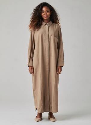 Robe longue tissage popeline manches longues marron FRAU femme