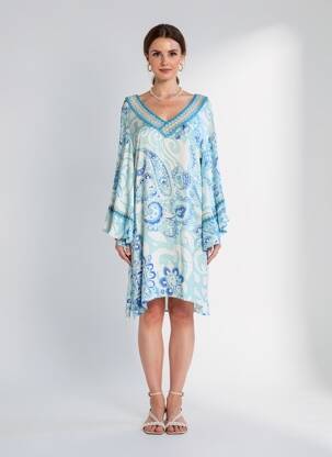 Robe mi-longue coupe fluide manches longues bleu PHO FIRENZE femme