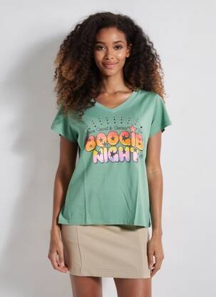 T-shirt sérigraphie floquée manches courtes vert NINE TEES femme