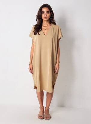 Robe mi-longue tissage crêpe manches courtes beige MAT. femme