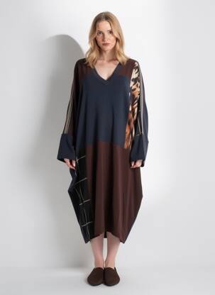 Robe mi-longue imprimé fantaisie manches longues bleu MAT. femme