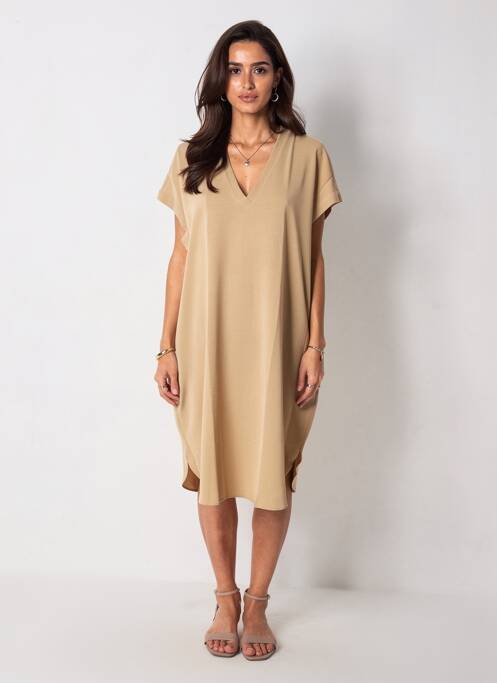 Robe mi-longue tissage crêpe manches courtes beige MAT. femme