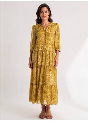 Robe longue imprimé fantaisie manches 3/4 jaune GERARD DAREL femme