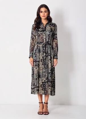 Robe mi-longue imprimé fantaisie manches longues noir LE TEMPS DES CERISES femme