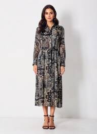 Robe mi-longue imprimé fantaisie manches longues noir LE TEMPS DES CERISES femme
