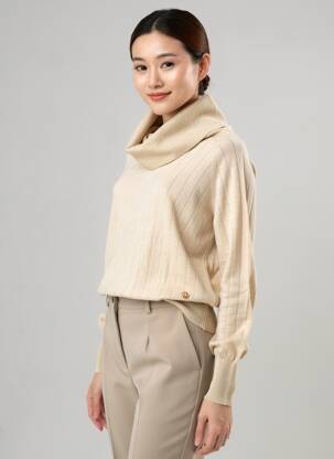 Pull col roulé stretch manches longues beige YES.ZEE femme