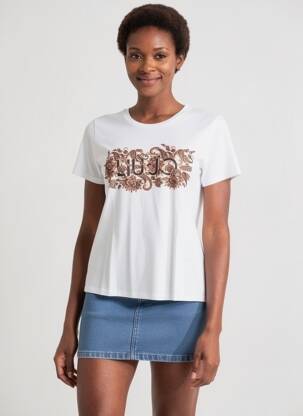 T-shirt sérigraphie avec strass manches courtes blanc LIU JO femme