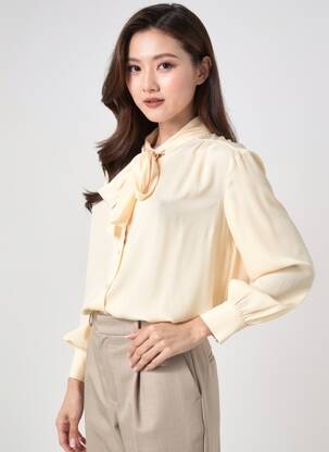 Chemisier tissage crêpe manches longues beige COTTONADE femme