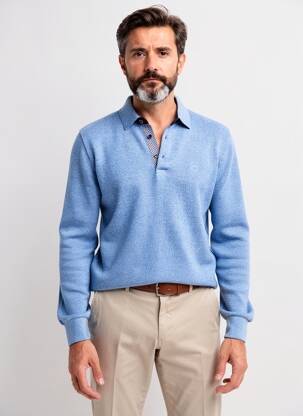 Pull col polo manches longues bleu clair CAPTEN homme