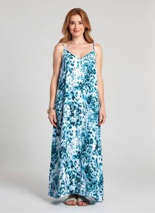 Robe longue manches bretelles ajustables fines bretelles bleu KAFFE femme