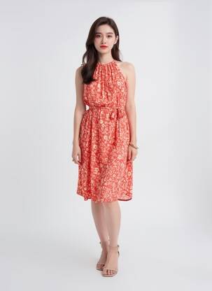 Robe mi-longue imprimé fleurs sans manche rouge FREEMAN T.PORTER femme