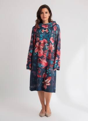 Robe mi-longue imprimé fantaisie manches longues bleu MALOKA femme