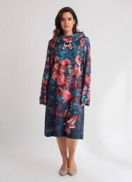 Robe mi-longue imprimé fantaisie manches longues bleu MALOKA femme