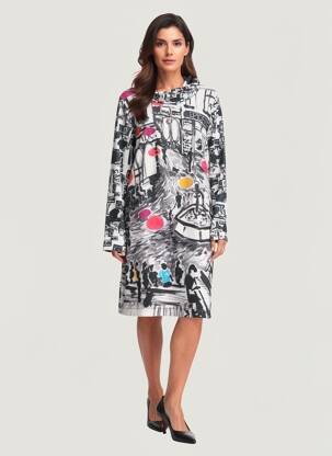 Robe mi-longue imprimé fantaisie manches longues noir MALOKA femme
