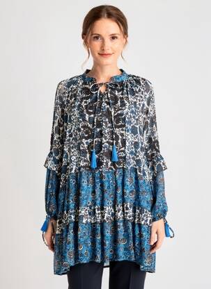 Robe mi-longue imprimé fantaisie manches longues bleu MISS JUNE femme