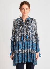 Robe mi-longue imprimé fantaisie manches longues bleu MISS JUNE femme
