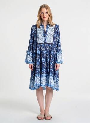 Robe mi-longue imprimé fantaisie manches longues bleu MISS JUNE femme