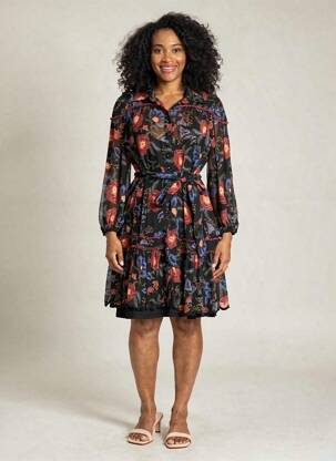 Robe mi-longue imprimé fantaisie manches longues noir MISS JUNE femme